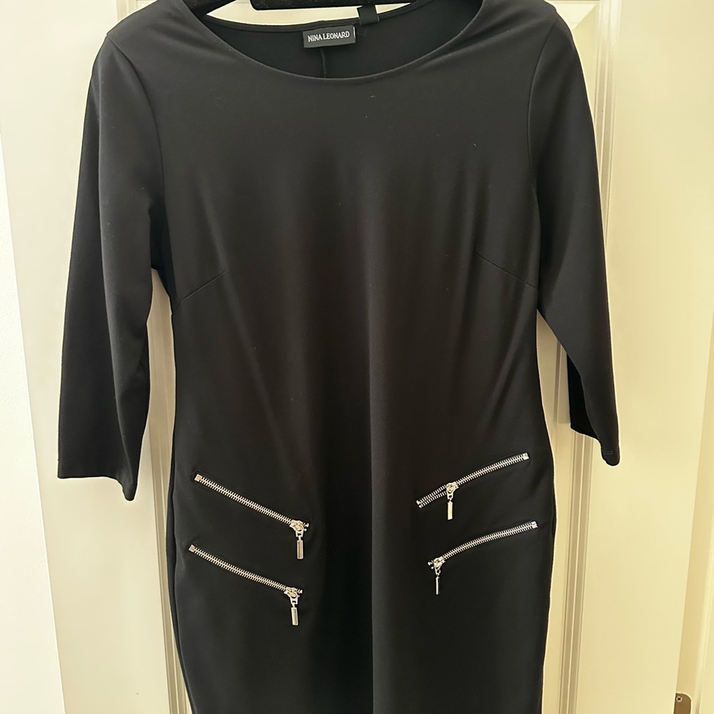 Nina Leonard Elegant Black Dress with Zipper Details